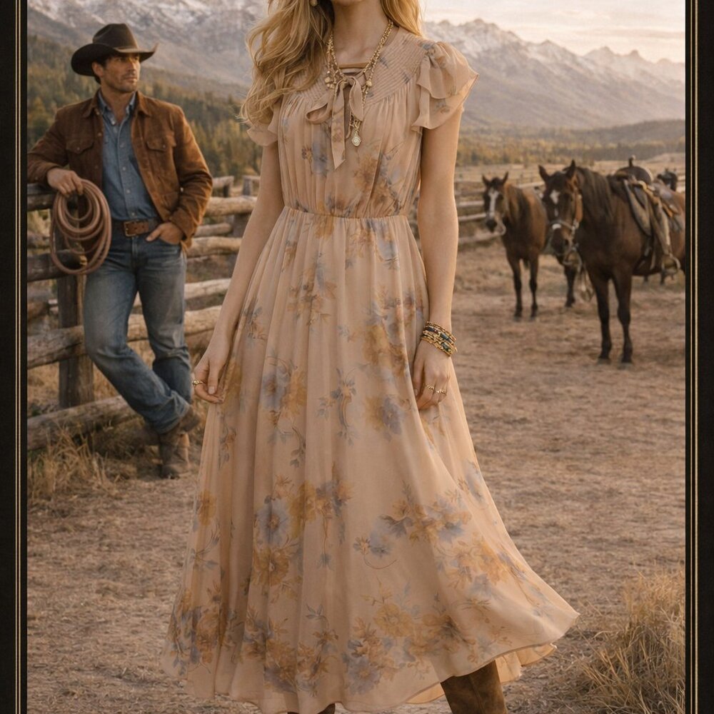 Ralph Lauren Black Label Dress Size 8 Cottagecore BOHO Western Peach Floral Maxi